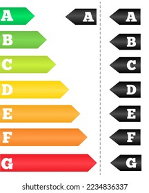 Vector icons of energy efficiency at home. Certificate of energy efficiency. Energy consumption estimation graph with arrows.