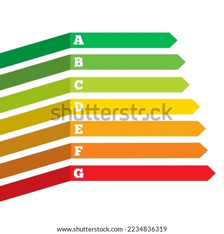Vector icons of energy efficiency at home. Certificate of energy efficiency. Energy consumption estimation graph with arrows.