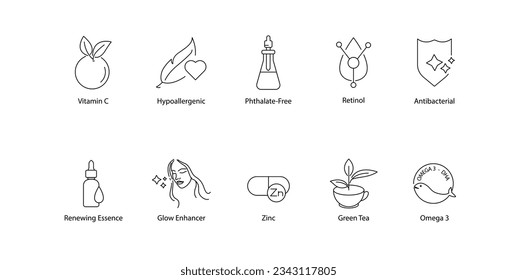 Vector Icons for Essential Skincare and Wellness Attributes and Ingredients.