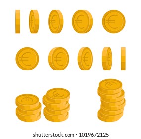 Vector icons of Euro coin at different angles. Concept of a rotating coin.