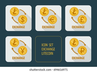 Vector icons exchange cryptocurrency Litecoin for different currencies with arrows on white background with long shadows