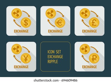 Vector icons exchange cryptocurrency Ripple for different currencies with arrows on a white background with long shadows