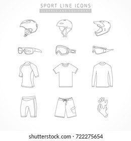 Vector icons of extrem sport equipment - helmet kite, snowboard, bike, sports glasses, ski goggles, sports shorts, t-shirt, neoprene gloves. Set of active sport line icons