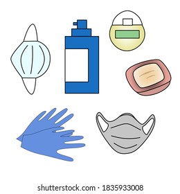 Vector icons of the face mask, sanitizer,  hand soap and protective gloves.