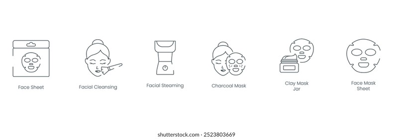 Vector Icons of Face Sheet, Facial Cleansing, Facial Steaming, Charcoal Mask, Clay Mask Jar, and Face Mask Sheet for Skincare and Beauty Treatments