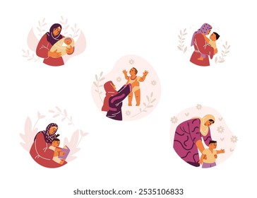 Vector icons of family moments a happy mother in a hijab holds a baby, reads a fairy tale,teaches to walk, plays on a white background. Love and care in motherhood.