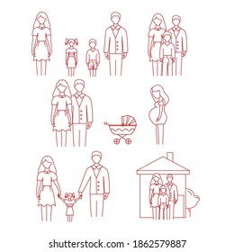 vector icons with family, pregnant woman and stroller on white background