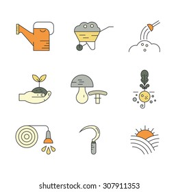 Vector icons with farming and agricultural elements for local markets or farming industry. Great set of line style symbols. Linear symbols of agriculture.