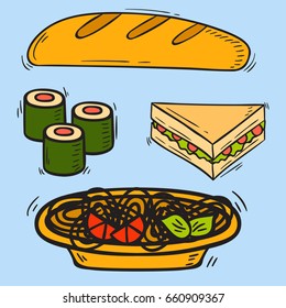 Vector icons fast food hand drawn restaurant breakfast pasta design kitchen unhealthy meal