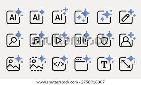 Vector icons featuring AI, search, music, play, security, and more, each adorned with a blue sparkle. Ideal for tech and creative projects.