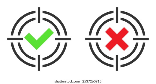 Ícones vetoriais com uma verificação verde e uma cruz vermelha dentro de um alvo, representando decisões corretas e incorretas.