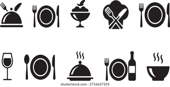 Iconos del vector que ofrecen la colección de los iconos del restaurante y del servicio de comida. Diseño escalable adecuado para diversas aplicaciones.