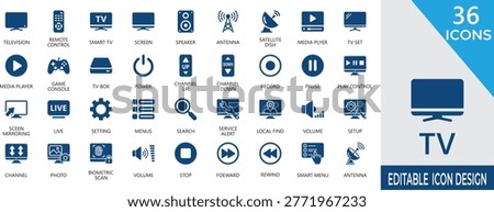 Vector icons featuring smart TV, television, movie, streaming , remote control, internet,  and digital broadcasting for web and mobile applications.
