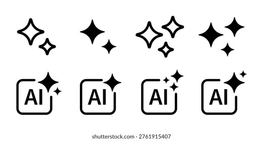 Vector icons featuring sparkling stars and AI symbols. Includes variations with different star arrangements above and around the AI logo in black and white.