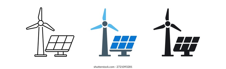 Iconos vectoriales con turbinas eólicas y paneles solares que representan soluciones de energía renovable.