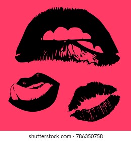 Iconos vectores de labios hembra impresos. labios dibujados a mano. Esbozar ilustración vector dibujado a mano En el estilo de arte pop