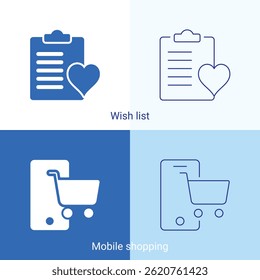 vector icons in filled or solid and outline stroke styles. Wish list and Mobile shopping icons. Additional titles can be applied: impose, inflict, pass off, store, market, emporium icons