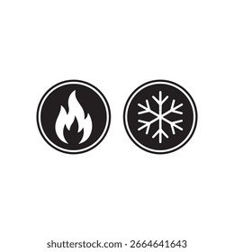 Ícones vetoriais de fogo e floco de neve no design de círculo preto representando temperatura quente e fria, ideal para clima, aquecimento, resfriamento e gráficos de controle de clima.
