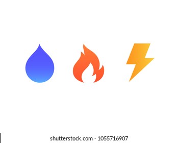 Vector icons of fire, water and lightning isolated on white background