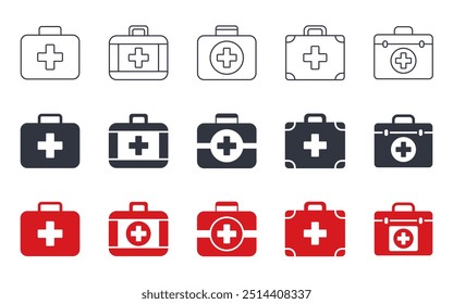 Vector icons first aid kit. Emergency medicine, doctor's suitcase, box with medical tools. Black and red symbols on white background. Linear and solid signs set icon.