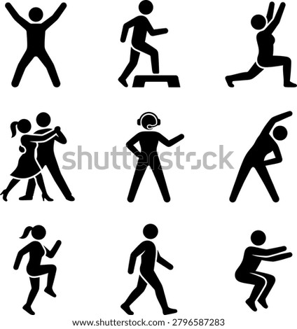 Vector icons of fitness training including step aerobics yoga stretching and group workout sessions for healthy living.