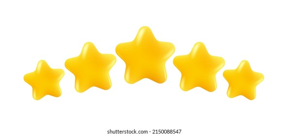 Vector icons of five yellow stars glossy colors. Achievements for games or customer rating feedback of website. Vector illustration of stars in realistic 3d style.