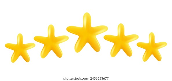 Iconos vectoriales de cinco estrellas amarillas de colores brillantes. Logros para juegos o Comentarios de calificación Cliente de Sitio web. Ilustración vectorial de estrellas en estilo 3d realista.