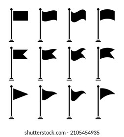 Vector icons of flag and pennant shapes with pole for start, finish pictogram, banner, location, map destination. Small waving flagpole silhouettes of black isolated on white.Symbol, pin, mark for web