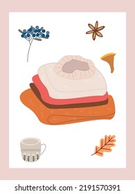 Vector icons. Flat autumn images. The picture shows dried flowers, mushrooms, cranberries, a cup and sweaters. Perfect for scrapbooking.