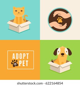 Vector icons in flat style - adopt a pet - emblems and illustrations with cat and dog