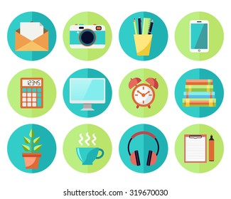 Vector Icons in flat style. Business or Education Work Flow Items and Gadgets