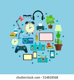 Vector Icons in flat style. Business or Education Work Flow Items and Gadgets. Workplace icons. Workspace objects
