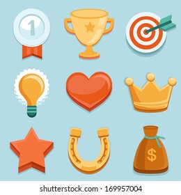 Vector Icons In Flat Style - New Trend In Online Business - Gamification. Design Elements And Icons With Rewards And Achievement Badges