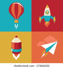 Vector icons in flat style - start up and launch. Trendy Illustrations for new businesses, innovation and development