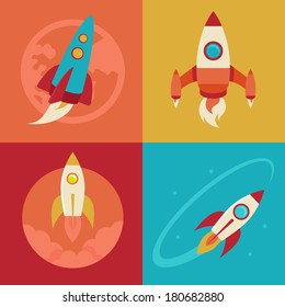 Vector icons in flat style - start up and launch. Trendy Illustrations for new businesses, innovation and development