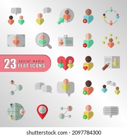 Iconos vectores en estilo plano para el diseño de la interfaz de usuario. Símbolos para redes sociales, marketing, citas, medios, infografía, aplicaciones móviles, etc. Comunicación, ubicación, añadir\eliminar usuario, mensajería, búsqueda de signos. 