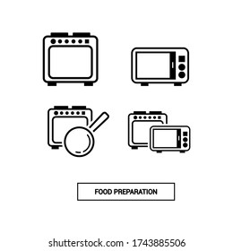 Vector icons. Food preparation image. Picture of an oven, microwave and frying pan. Line icons.