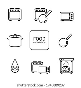 Vector icons. Food preparation image. Image of an oven, microwave, defrost, dishwasher, casserole and frying pan.