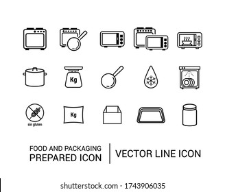 Vector icons. Food preparation image. Image of an oven, microwave, defrost, dishwasher, casserole, frying pan, containers, jar, bag and gluten-free.