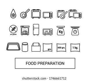 Vector icons. Food preparation image. Image of an oven, microwave, defrost, dishwasher, casserole, frying pan, containers, jar, bag and gluten-free.