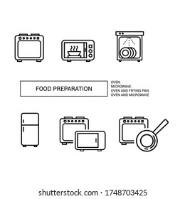 Vector icons. Food preparation image. Picture of an oven, fridge,  microwave and frying pan. Line icons.