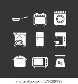 Vector icons. Food preparation image. Image of an oven, microwave, defrost, dishwasher, casserole and frying pan.