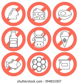 Vector icons with food prohibited for vegans. Healthy lifestyle. Go vegan concept. Vegan rules for health. Outline objects with prohibited sign: meat, dairy products, fish, poultry, eggs, honey