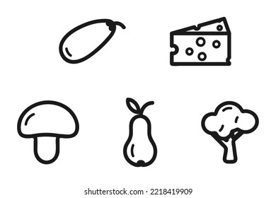 Vector icons of food, vegetables and fruits. A set of contour cliparts with the image of eggplant, cheese, pear, mushroom, cauliflower. Isolated vector elements of a black contour.