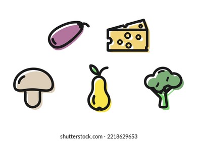 Vector icons of food, vegetables and fruits. A set of black contour cliparts with a colored background depicting eggplant, cheese, pear, mushroom, cauliflower. Colorful isolated vector elements.