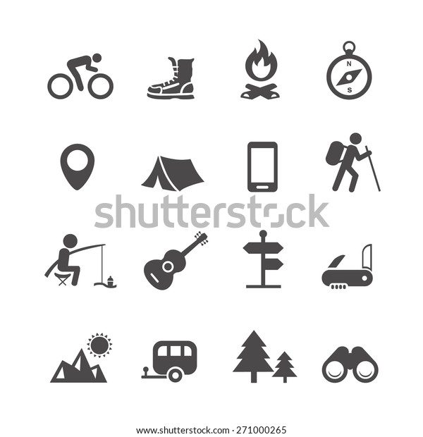 Vector icons forest camping set\
with  compass guitar tent fisherman bonfire knife\
trailer