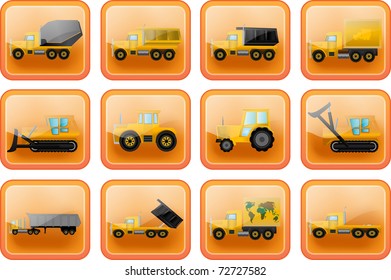 Vector icons in the form of buttons with images of trucks and tractors