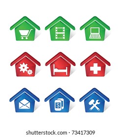 Vector icons in the form of houses of different colors on a white background