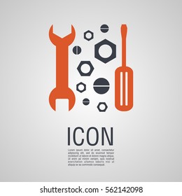 Vector icons in the form of wrench and screwdriver with nuts and bolts. Pin symbol for your web site design, logo, app, UI.