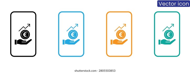 Vector icons in four colors showing a hand holding a euro coin with an upward growth graph, symbolizing financial growth and investment on a white background